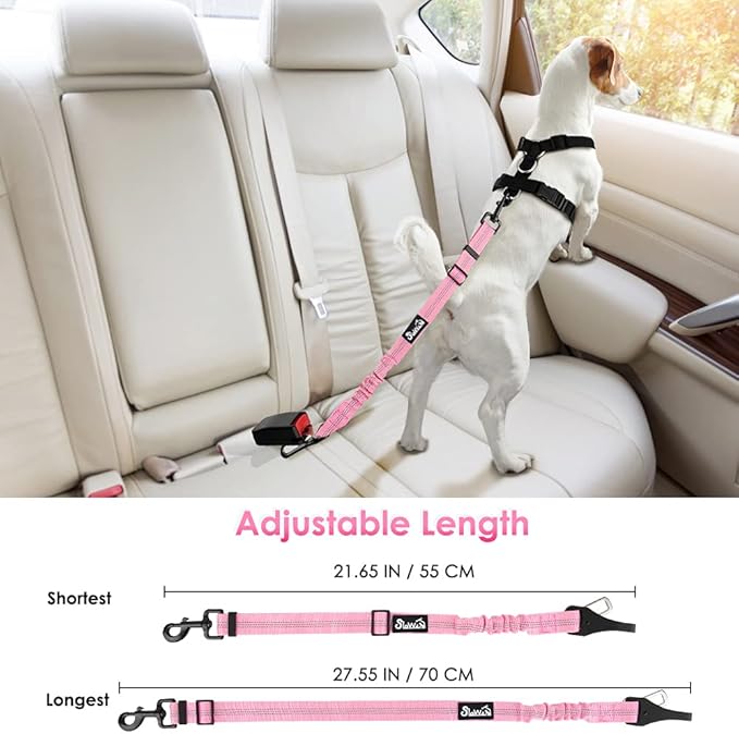 SlowTon Dog Seat Belt, Adjustable Dog Safety Belt Leash, 2 in 1 Latch Bar Attachment Dog Car Seatbelt with Elastic Nylon Bungee Buffer, Reflective Nylon Belt Tether Connect to Dog Harness (Pink)-Mewly Pet