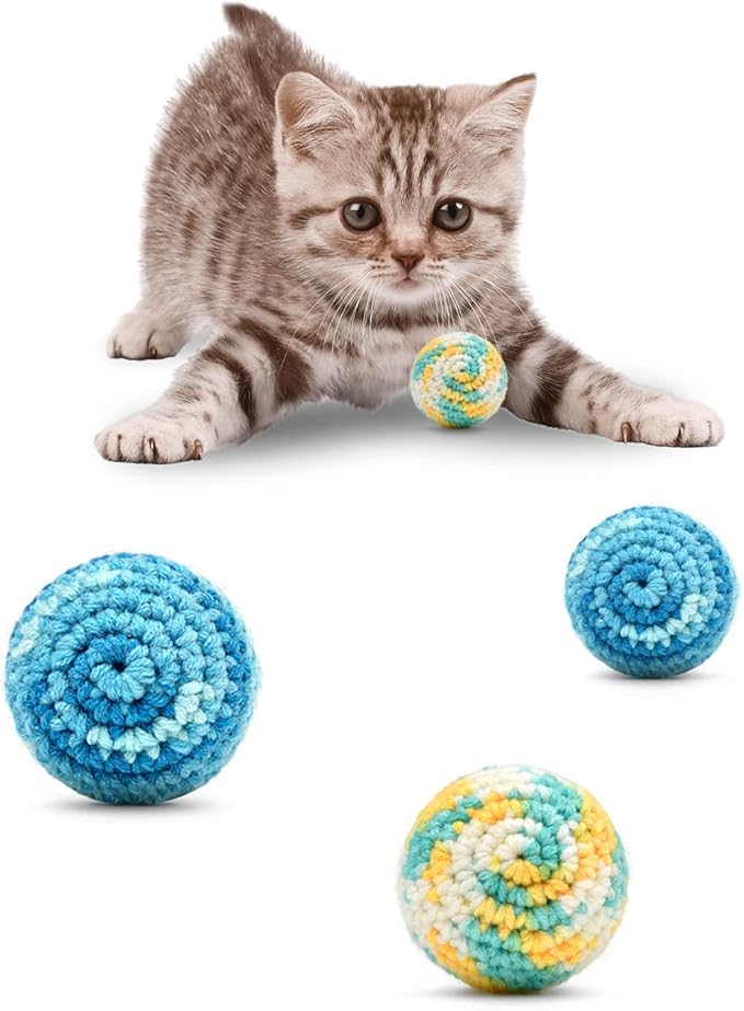 TUSATIY 4PCS Cat Pom Pom Balls,Hand Knitted Rainbow Toys Balls with Bells,Colorful Cat Chew Toys for Indoor Kittens-Mewly Pet