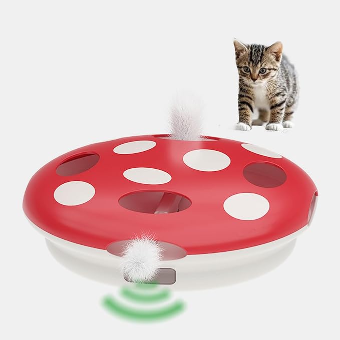 Interactive Cat Toy Automatic Mushroom - Whack-a-Mole Game with Rotating Feathers for Indoor Cats, Hide & Seek Rechargeable Toys Boredom Relief Adult Kittens, Safe Chew Proof Design (Red)-Mewly Pet