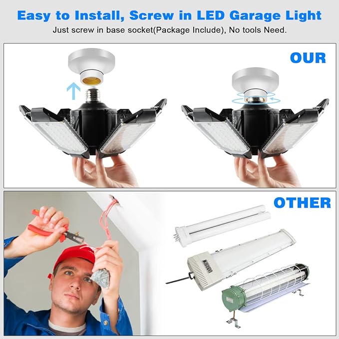 LED Garage Light - 160W Garage Light Bulb 64000LM 6500K Super Bright Garage Lighting w/ 6 Deformable Panels Screw in Shop Lights for Basement Workshop Warehouse Attic - 4Pack