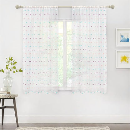 MYSKY HOME Rainbow Curtains for Girls' Bedroom - 45 Inch Pom Pom Sheer Curtains, Light Filtering, Nursery & Kids Room, Rod Pocket, Cafe Style, Small Window Panels, 52 x 54 in, Set of 2