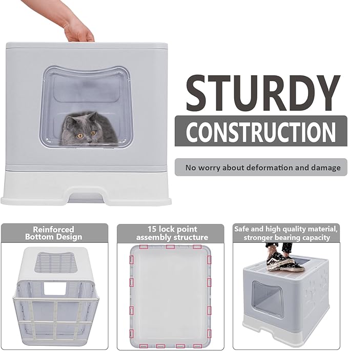 XL Foldable Cat Litter Box with Lid - Jumbo Enclosed Potty - Top Entry Anti-Splashing Toilet - Includes Scoop & 2-in-1 Cleaning Brush (Grey)-Mewly Pet