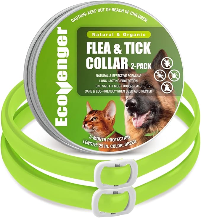 EcoVenger Flea & Tick Collar Repellent 2-Pack Green, Fits Both Dogs & Cats, Built-in Pant-Based Formula Strong Repellency Slow Release, Lasting Deterrence and Protection, Pleasant Aroma, Waterproof-Mewly Pet