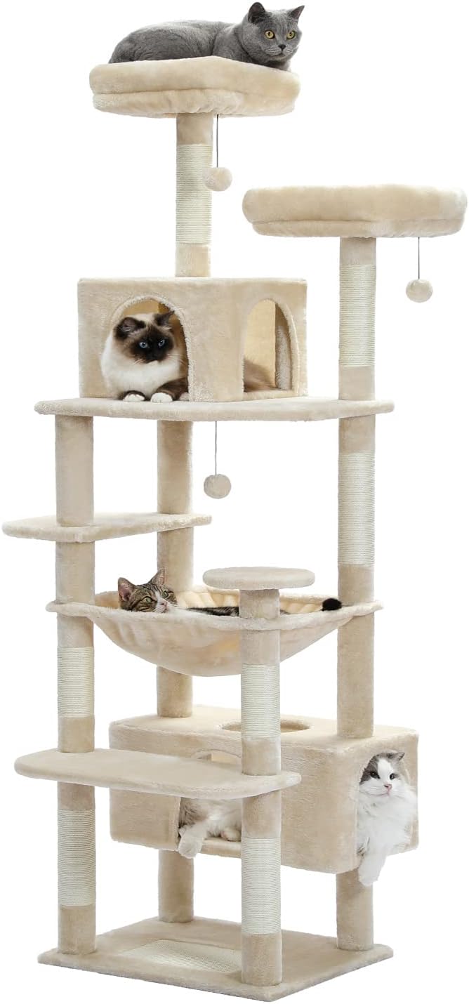 PAWZ Road Large Cat Tree, 72 Inches Cat Tower for Large Cats, Cat Condo with Sisal-Covered Scratching Posts and Pads, 2 Padded Perch, Dual Condo and Basket for Indoor Cats-Beige-Mewly Pet