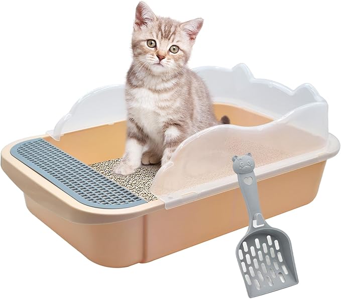 kathson Open Cat Litter Box with High Side,Anti-Splashing Cats Litter Pan Semi-Enclosed Removable Cats Litter Boxes with Litter Sifting Scoop Open Top Kitty Toilet for Easy to Clean(Khaki)-Mewly Pet