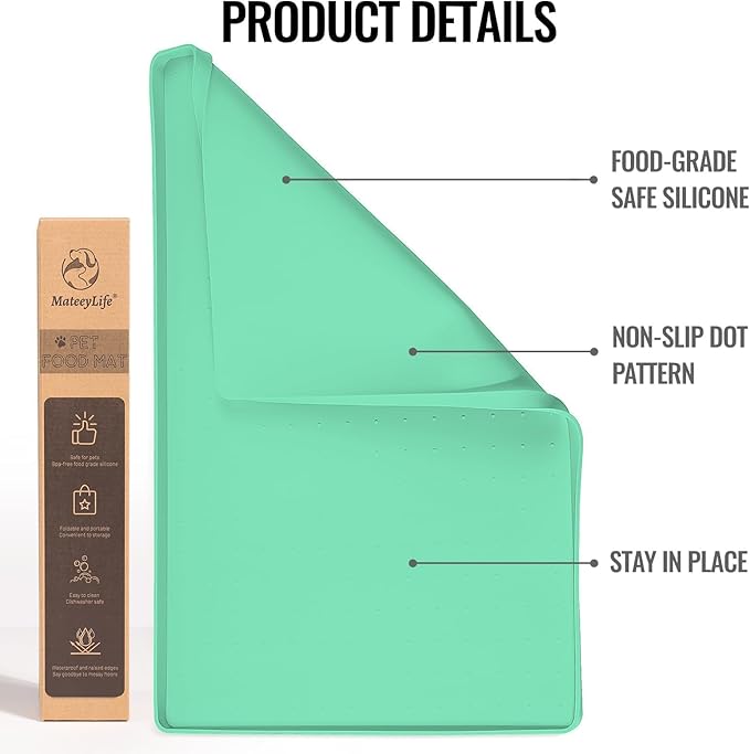 MateeyLife Dog & Cat Food Mat - Waterproof, Nonslip, Raised Edges, Silicone Tray for Messy Drinkers, 24"x16", Mint Green-Mewly Pet