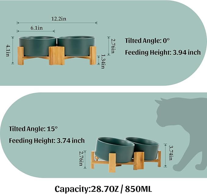 SPUNKYJUNKY 15° Slanted Ceramic Dog and Cat Bowl with Wooden Stand, Tilted Bulldog Food and Water Bowl No Slip Non-Spill for Cats Medium Dogs Big Face Pets 28.7 OZ (3.6 Cups, Green × 2)-Mewly Pet