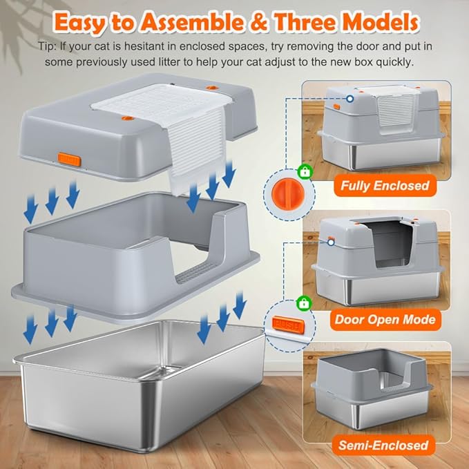 Vivifying Stainless Steel Litter Box with Lid, XL Side Entry Extra Large Litter Box for Big Cats & Kitty, Removable Enclosed Metal Cat Pan with High Sided Enclosure, Scoop, Mat, Footboard (Gray)-Mewly Pet