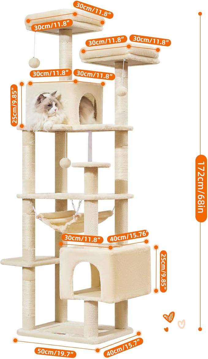 Taoqimiao Cat Tree, 68-Inch Cat Tree Cat Tower for Indoor Cats, Plush Multi-Level Cat Condo with 6 Scratching Posts, 2 Perches, 2 Caves,Hammock, 3 Pompoms,MS020SM Beige-Mewly Pet