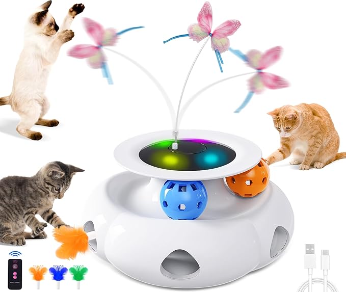 3in1 Interactive Cat Toys Moving Ambush Feather, Spinning Butterfly, Track Balls, Rechargeable Automatic Activated Kitten Toys for Indoor Cats, Cat Feather Toy for All Breeds-Mewly Pet