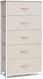 Crestlive Products Vertical Dresser Storage Tower - Sturdy Steel Frame, Wood Top, Easy Pull Fabric Bins - Wide Organizer Unit for Bedroom, Hallway, Entryway, Closets - 5 Drawers(Beige)