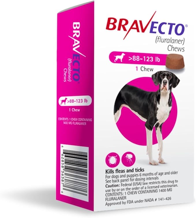 BRAVECTO Chew for Dogs, Flea & Tick, 1 Chew, 12 Week Supply, 88-123 lbs., Pink Box-Mewly Pet