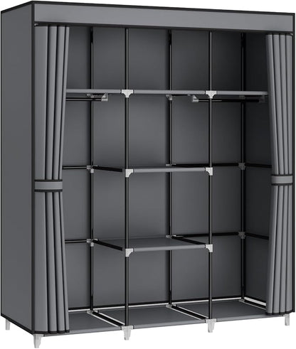 Portable Closet Wardrobe, 51-Inch Clothes Organizer with 2 Hanging Rods and 8 Shelves, Non-Woven Fabric Cover, Medium Capacity Storage for Bedroom and Living Room, Grey