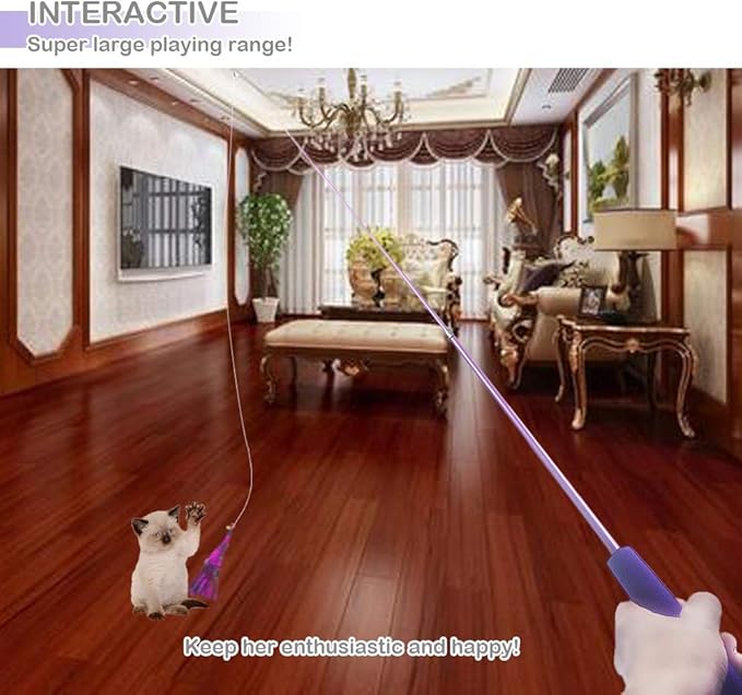 Cat Toy Wand, Interactive Feather Teaser Cat Toys Set, Retractable Cat Fishing Rod with 5pcs Refills (Purple)-Mewly Pet