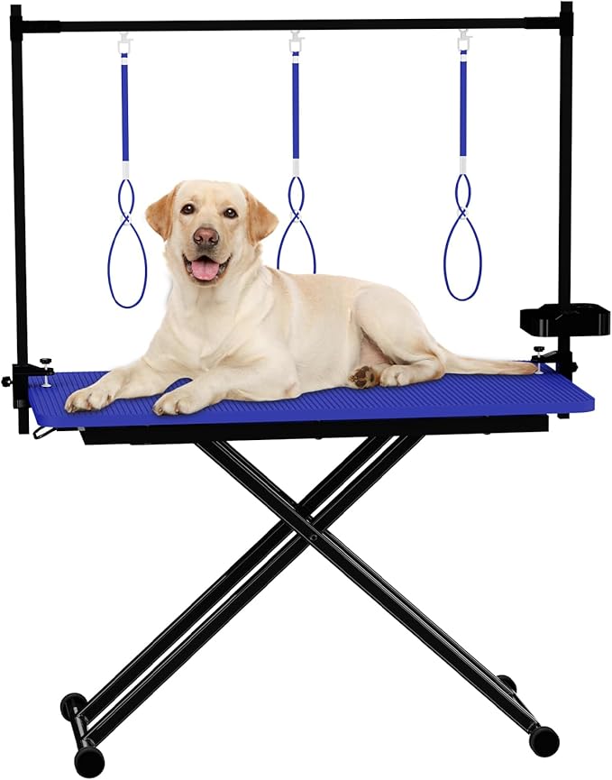 VFK 47'' Large Dog Grooming Table X-Lift Foldable Grooming Table for Dogs at Home Adjustable Height Arms Pet Station with Nooses, Mesh Tray, Tool Organizer-Mewly Pet