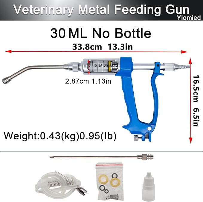 30ML Veterinary Metal Feeding Gun, Continuous Drench Gun Dosing Device Veterinary Adjustable Medicine Dispenser Husbandry Autonomous Feeding Tool, for Pig Cow, Sheep, Horse (Blue, 30ML No Bottle)-Mewly Pet