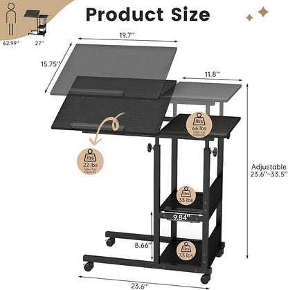 Hadulcet Adjustable C Table with Charging Station, Tiltable Desk C Shaped End Table for Couch, Over Bed Stand with Wheels Adjustable Height, Hospital Table Laptop Stand Drawing Desk, Black
