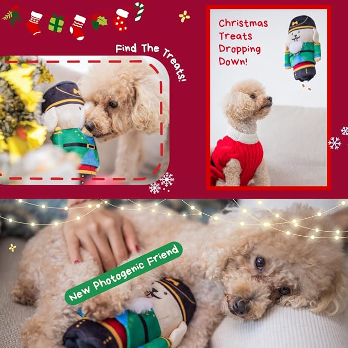 Nutcracker Treat-Dispensing Soft Plush Squeaky Pet Toy - Christmas/X’Mas Festive Enrichment Gift, Durable Cute&Fun Toy for Interactive Play,Hide Food for Nose-Work Puzzle, Small Medium Dogs-Mewly Pet