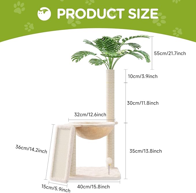 Small Cat Tree, Green Cat Tree with Scratching Post, Hammock Toy Ball and Palm Leaves for Kittens, Cat Tower for Indoor-Mewly Pet