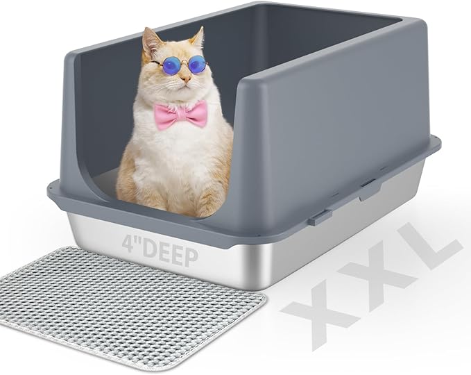 LIHONG Stainless Steel Litter Box with Lid, XL Metal Cat Litter Tray for Indoor Cats, Enclosure Cat Litter Pan for Large Cats, Non-Sticky Large Kitty Litter Box, Anti-Leakage, 23.5" X 15.6" X 12"-Mewly Pet