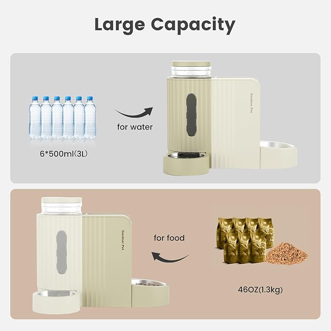 Gardner Pet Gravity Automatic 2-in-1 Pet Feeder, 0.8 Gallons*2 Cat Feeder and Water Dispenser Set, 100% BPA-Free Feeder and Stainless Steel Water Dispenser for Dogs, Cats, Rabbits, Puppies (Beige)-Mewly Pet