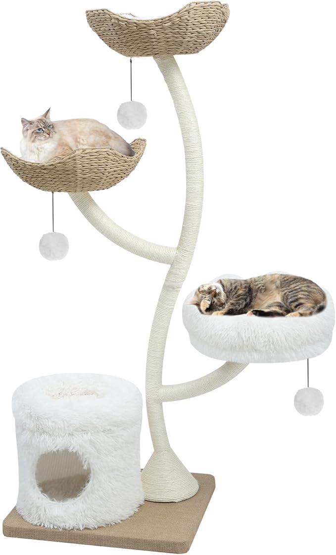 63” Tall Cat Tree Tower for Indoor Cats, Multi-Level Large Cat Climbing Furniture with Scratching Posts, Soft Perch, Cozy Cave, and Hanging Toys, Sturdy Design for Multi-Cat Households-Mewly Pet