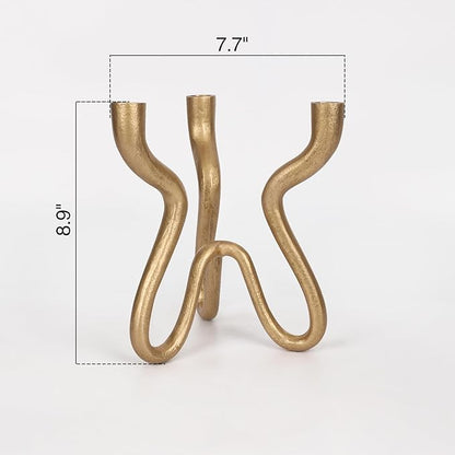 Triple Candle Holder Candelabra - Cast Iron Metal Taper Candlestick Stand with Antique Brass Finish - Elegant Wedding Centerpiece for Home, Dining, Event Decor