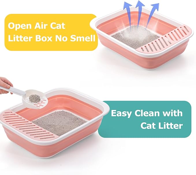 Open Top Cat Litter Box, Large Foldable Cat Potty Height-Adjustable Sides Anti-Splash, Open Air Kitty Litter Pan No Smell, Cat Toilet Easy Clean with Cat Litter Scoop (Pink)-Mewly Pet