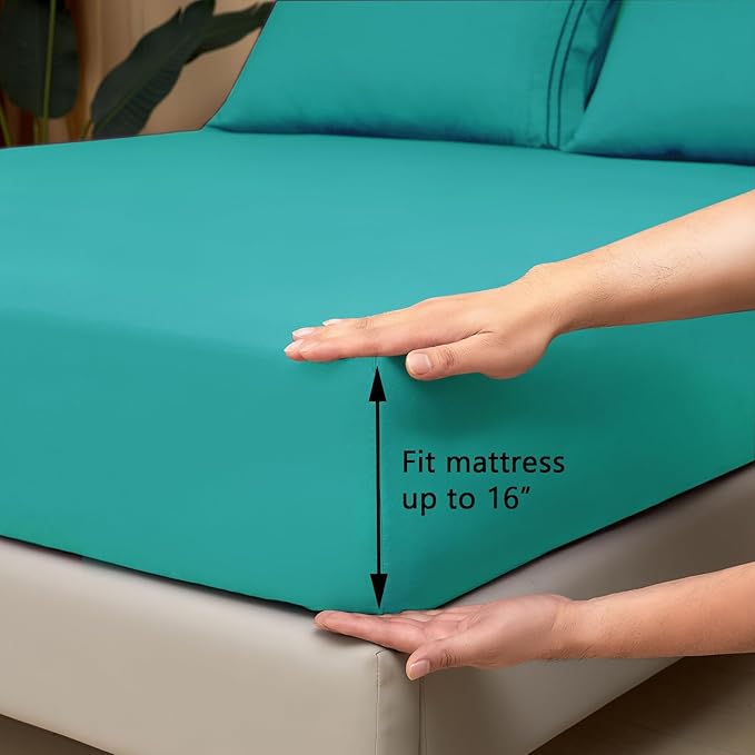 Mejoroom Queen Size Sheet Set - Hotel Luxury 1800 Bedding Sheets & Pillowcases - Deep Pocket Fitted Sheet, Soft, Breathable, Wrinkle & Fade Resistant - 4 Piece (Queen, Teal)