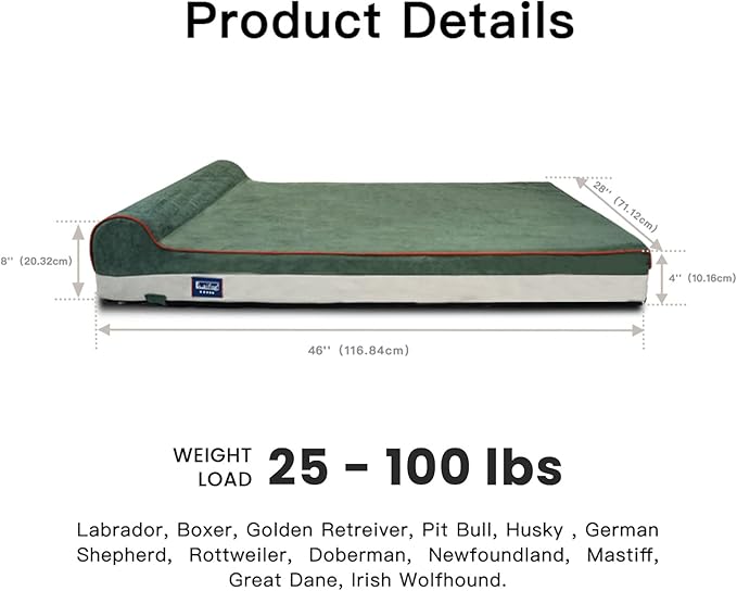 Laifug Orthopedic Memory Foam Dog Bed with Durable Water Proof Liner and Removable Washable Cover (Large (46"x28"x8"), Dark Green)-Mewly Pet