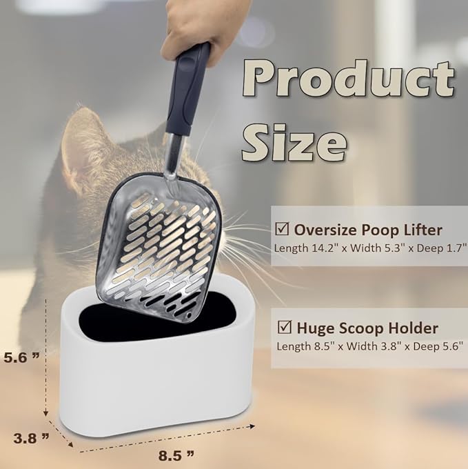 Heavy-Duty Metal Cat Litter Scoop with Holder, Aluminum Cats Litter Scooper Captures All Clumps, Kitty Metal Scooper and Holder (White)-Mewly Pet