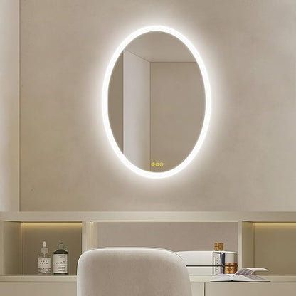 Wall-Mounted LED Oval Bathroom Mirror, Makeup Mirror (28 inches x 20 inches,) 3 Color Stepless Dimmable Memory Bathroom Vanity Mirror with Lights CRI90+ 3000-6400K Smart Mirror with Touch