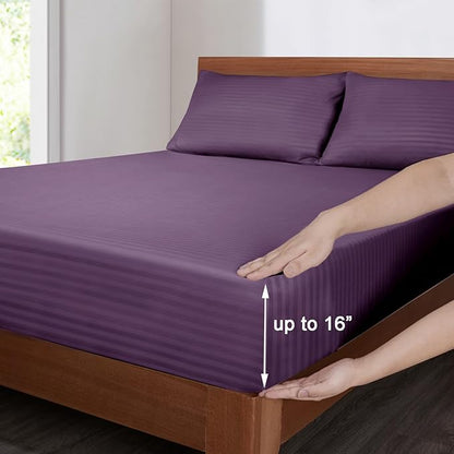 Mejoroom Striped King Size Bed Sheet Set - Hotel Luxury 1800 Bedding Sheets & Pillowcases - 15" Deep Pocket Fitted Sheet, Soft, Breathable, Wrinkle & Fade Resistant - 4 Piece(02-Purple)