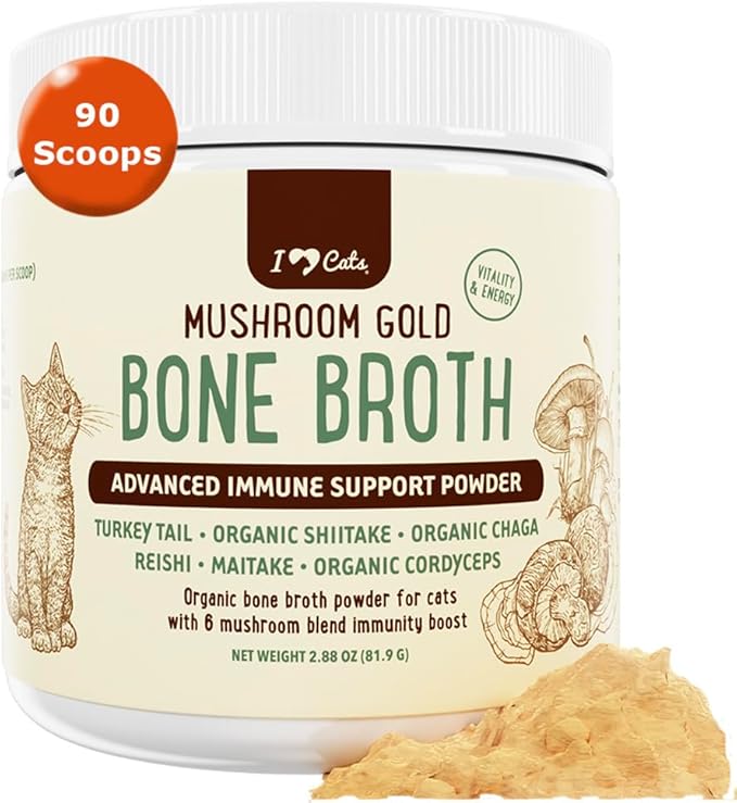 iHeartCats Bone Broth for Cats - Bone Broth & Mushroom Gold Powder Supplement for Immune System Support, Improved Mobility & Flexibility and Natural Detox - Turkey Tail Mushroom for Cats-Mewly Pet