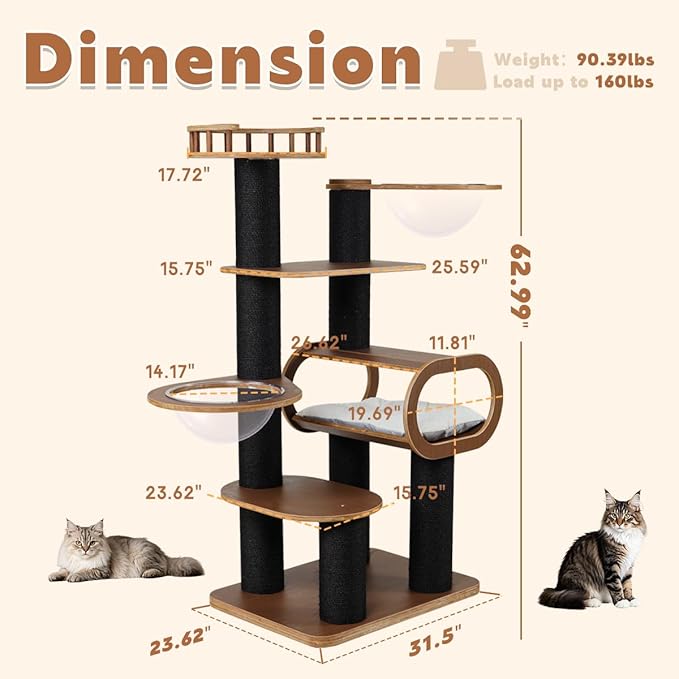 63'' Modern Cat Tree, Black Cat Tower with Scratching Post, Wooden Cat Tree for Indoor Cats Large Adult, Luxury Cat Furniture, Heavy Duty Activity Center with Transparent Bowl and Semi-Closed Condo-Mewly Pet