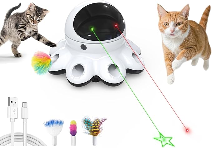 ORSDA Cat Laser Toy, 2-in-1 Interactive Automatic Motion Activated Moving 8 Holes Whack A Mole Feather, USB Rechargeable Electronic Smart Sensor Kitten Toys for Indoor Exercise-Mewly Pet