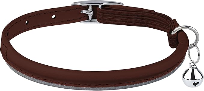 OOPSDOGGY Rolled Leather Cat Collar with Bell, Reflective Kitten Collars with Buckle Include Safety Elastic Strap - Adjustable Small Pet Collars for Boy Girl Cats (Brown)-Mewly Pet