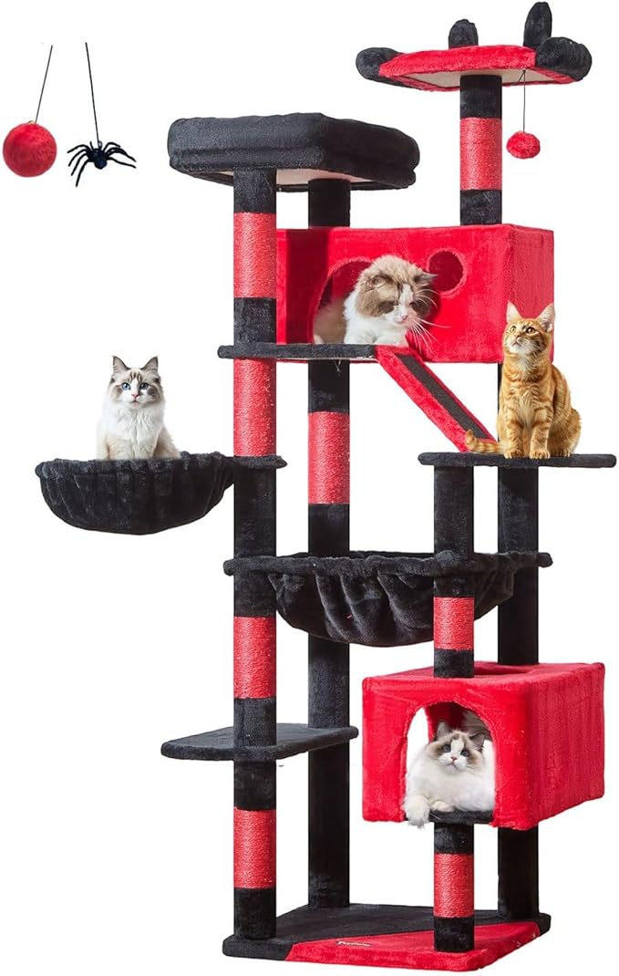 Taoqimiao Gothic Cat Tree 71-Inch, Cat Tower for Indoor Cats Large Adult, Multi-Level Large Cat Condo, 8 Sisal Scratching Posts, Metal Frame Cozy Hammock, Scratch Board, 2 Top Perches, MS026LBR-Mewly Pet