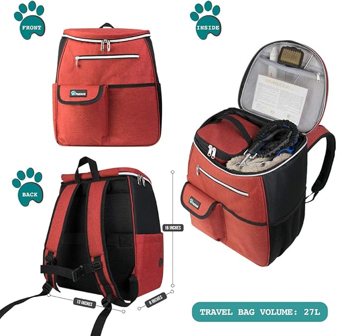 PetAmi Dog Travel Bag Backpack, Airline Approved Dog Bags for Traveling, Puppy Diaper Bag Supplies, Pet Camping Essentials Hiking Accessories Dog Mom Gift, Food Container, Collapsible Bowls, Red-Mewly Pet