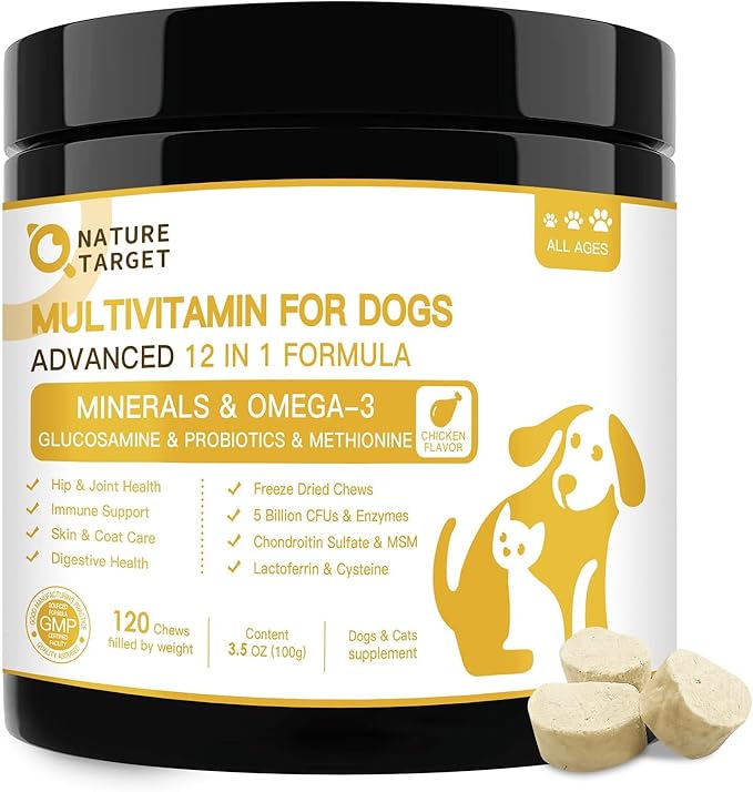 NATURE TARGET Dog Multivitamins for Overall Health with Minerals, Immune Support, Digestive Health, Joint, Hip, Skin & Coat Care with Probiotics, Glucosamine, Enzymes, 120 Freeze Dried Chews-Mewly Pet