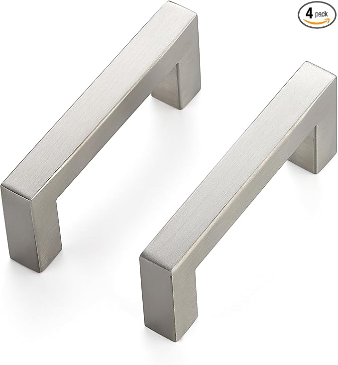 JOY DECOR 4 Pack Cabinet Handles, Brushed Nickel Cabinet Pulls, 3 Inch Kitchen Closet Handles Square Drawer Pulls Stainless Steel Drawer Hardware, 76mm Hole Centers