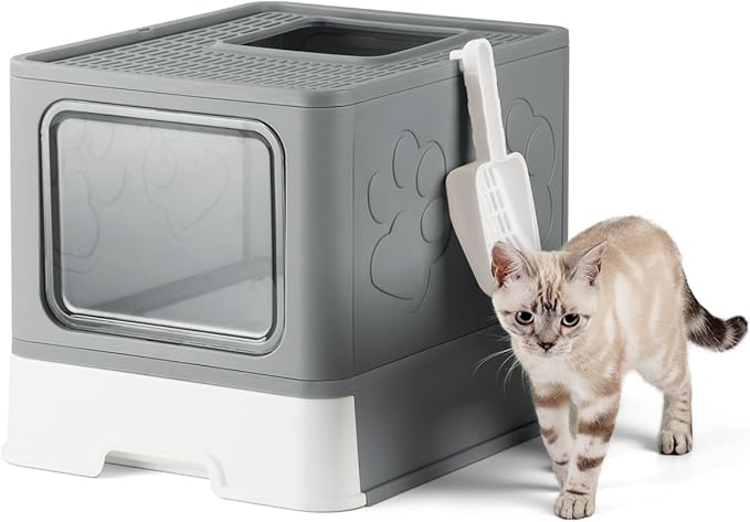 Enclosed Cat Litter Box, Large Litter Box for Big Cats, Covered Kitty Litter Boxes with Lid, Top Entry Cat Box Enclosure with Scoop, Odor Control, Easy to Clean(Grey)-Mewly Pet