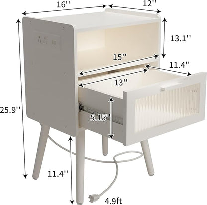Mid Century Modern Nightstand with Charging Station, Bedside Tables with Glass Drawer, End Table Side Table with 2 Tiers Storage Space, for Bedroom, Living Room, White