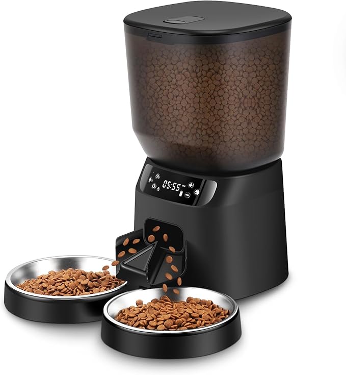 Automatic Cat Feeders for Two Cats, 5L/20 Cups Double Automatic Cat Food Dispenser with 2 Stainless Bowls, Timer Setting 20 Portions 6 Meals Per Day, 10s Meal Call, Pet Feeder for Dog (Black)-Mewly Pet