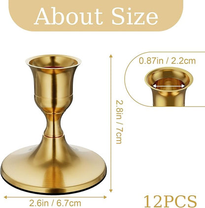 12PCS Brass Gold Taper Candle Holders Set, Vintage Metal Candlestick Holders for Dinner Room Table Centerpiece or Mantel Wedding Party Decor
