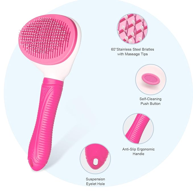 Self Cleaning Slicker Brush for Pet Grooming - Removes Loose Undercoat and Sheds, Suitable for Long and Short Hair Cats and Dogs, with Massaging Bristles (Pink)-Mewly Pet