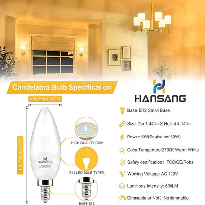 hansang 8 Pack E12 LED Candelabra Bulbs 2700K Warm White, 6W 60Watt Equivalent, B11 Ceiling Fan Light Bulbs Small Base, Type B Light Bulb for Chandelier, 600LM, 120V, Non-dimmable