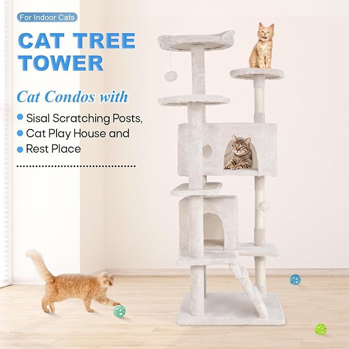 FDW Cat Tree 54in Cat Tower Multi-Level Durable Cat Scratching Post & Cozy Fun Cat Jumping Platform Space Saving Cat Condo Pet Play House for Indoor Cats,Beige-Mewly Pet