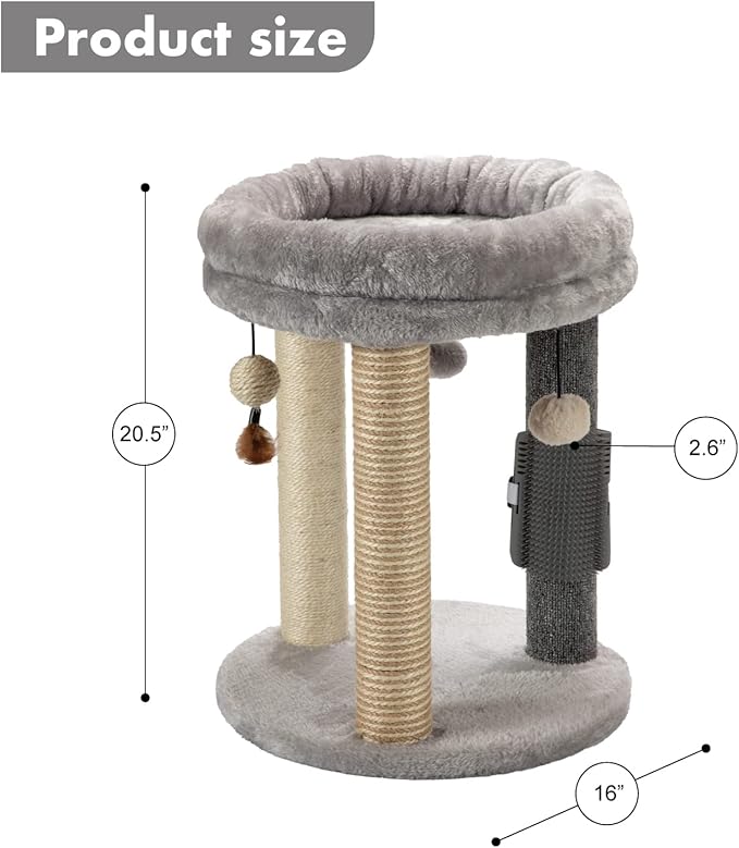 MECOOL 4in1 Small Cat Tree,Scratching Post with Tower Soft Bed, Sisal Carpet Jute Posts with Three Hanging Ball Toys and Massage Brush for Indoor Cats and Kittens-Mewly Pet