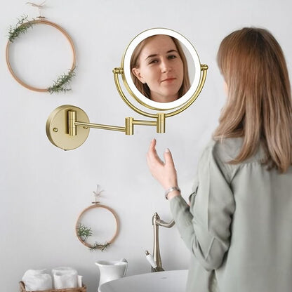 8" Make up Mirror Wall Mounted Lighted 10X Magnifying Hard Wired, Double Sides 3 Color Lighting Touch Dimming, 360 Swivel Extended Arm Shaving Light up Mirror for Bathroom, Brushed Moderne Brass
